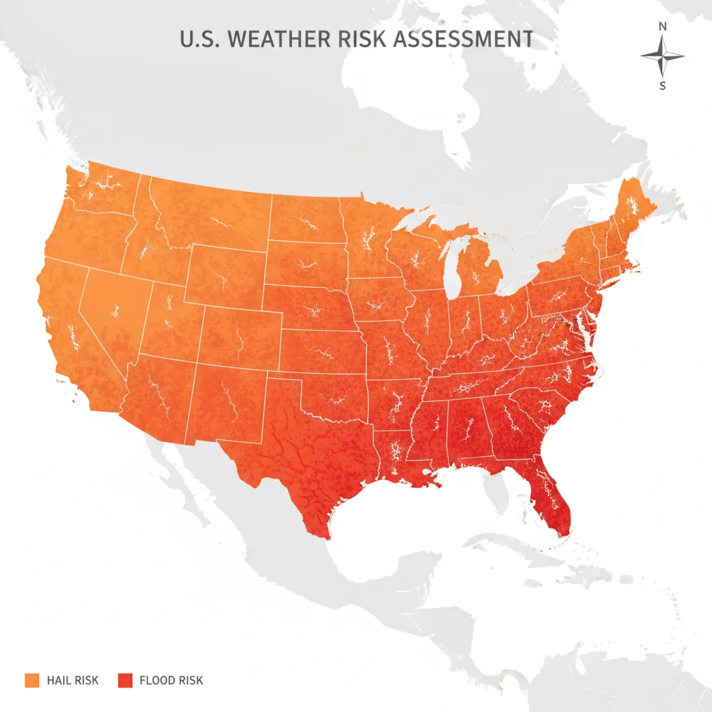 U.S. map highlighting high-risk regions for hail and flood vehicle damage