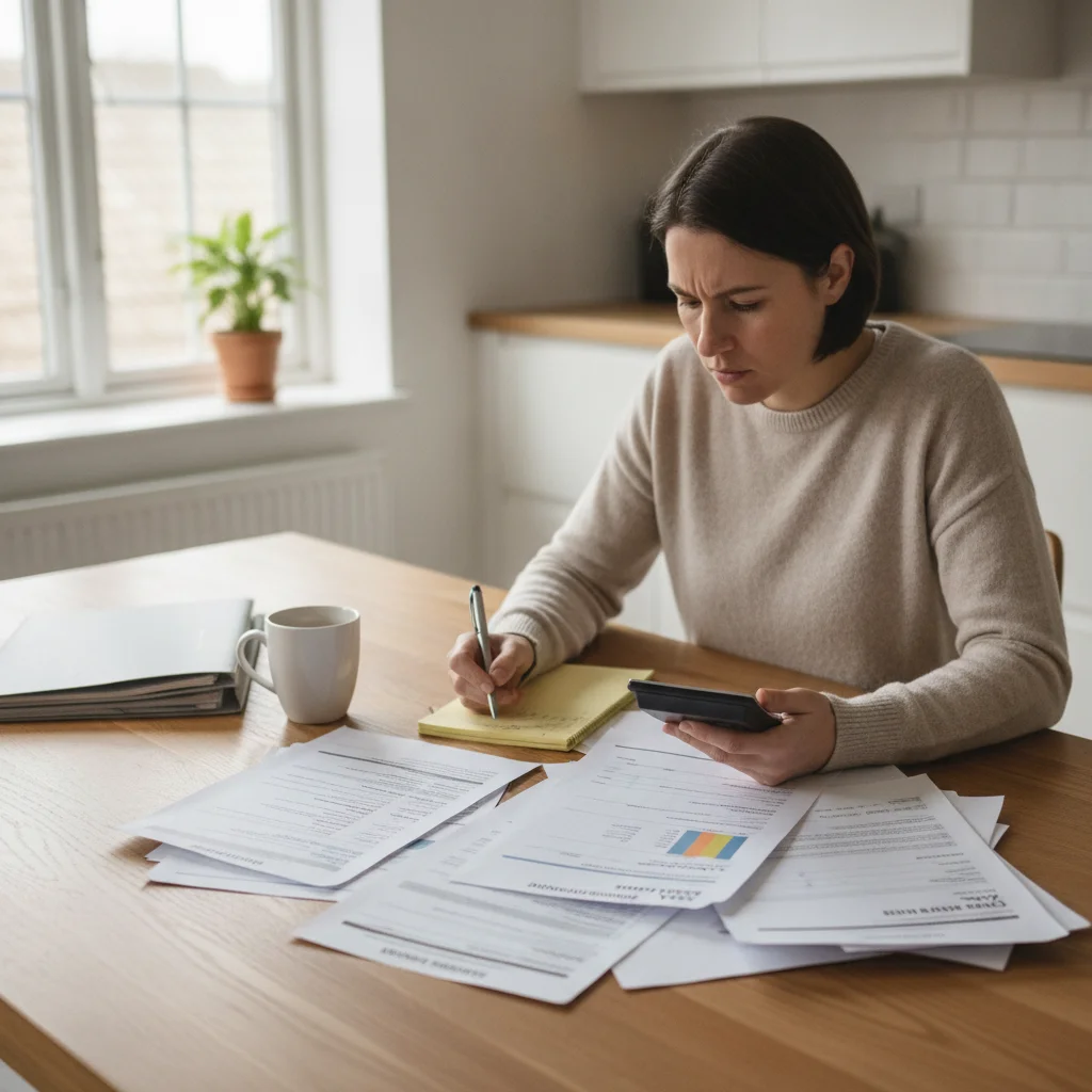 Person reviewing auto insurance documents and doing calculations at a kitchen table