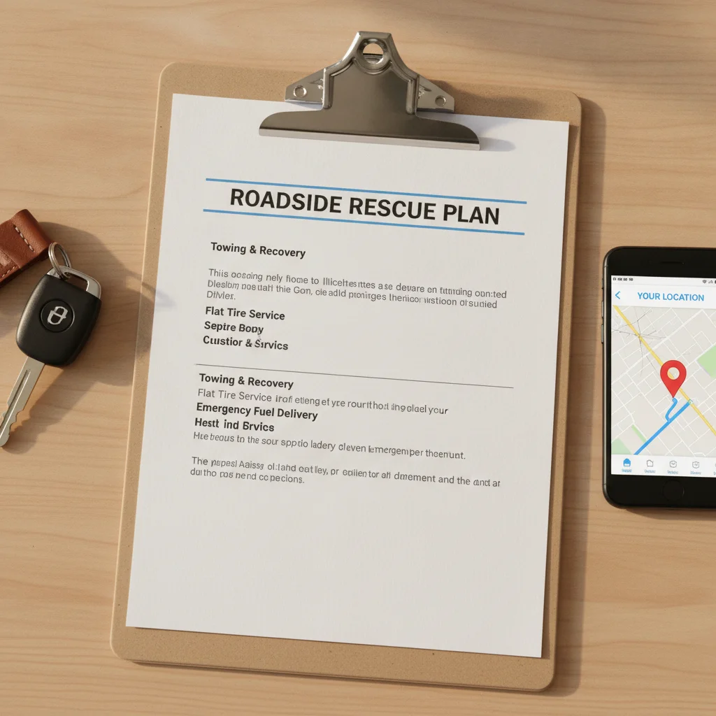 Roadside assistance plan document with car keys and a smartphone displaying a map location pin