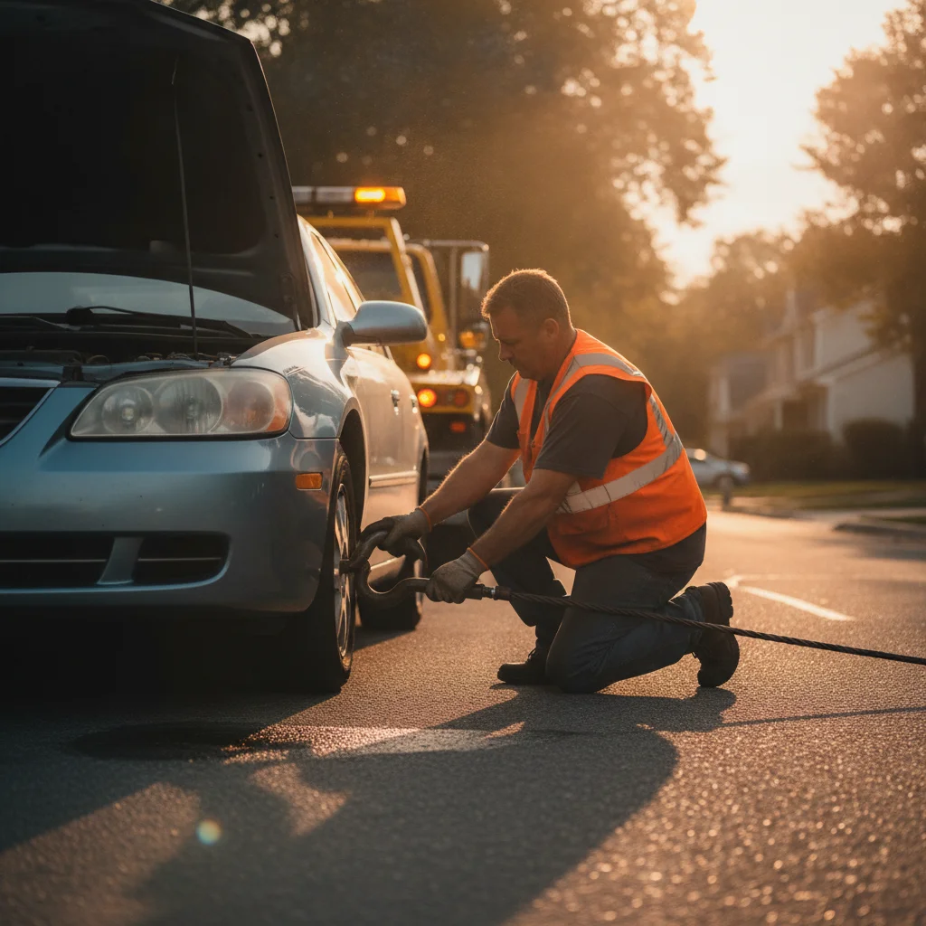 Tow truck driver in safety vest attaching tow hook to a stranded car on a suburban roadway at golden hour