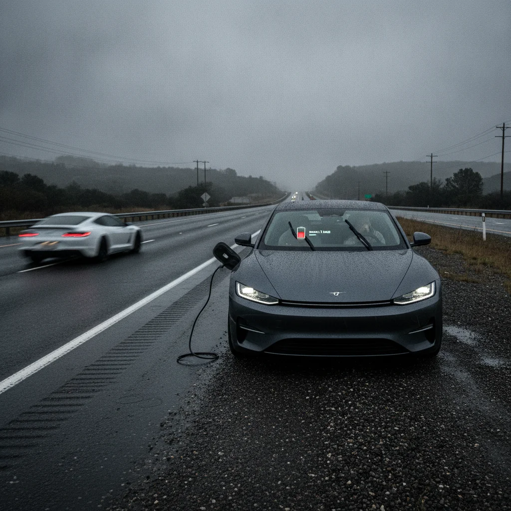 Electric vehicle stranded on highway shoulder with low battery warning indicator visible, cars passing by