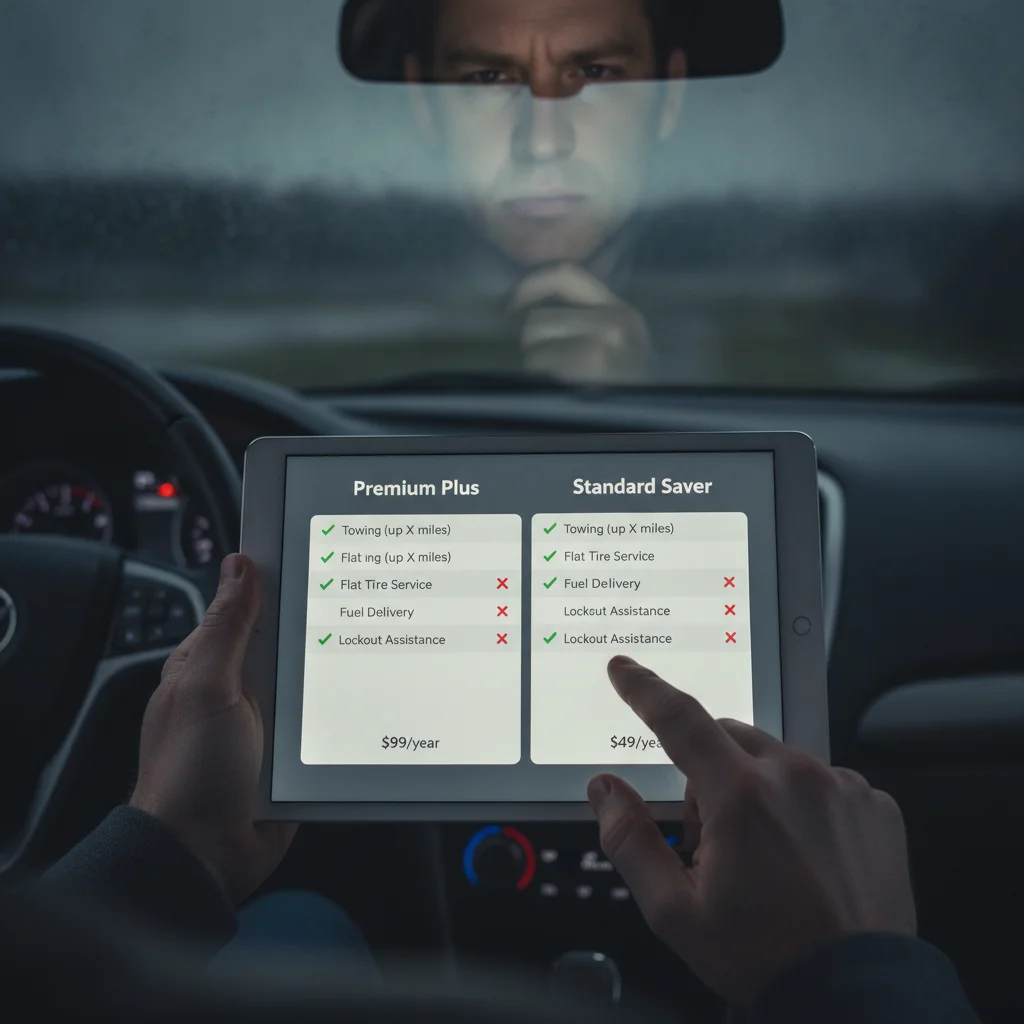 Person in car reviewing and comparing two roadside assistance insurance plans on a tablet screen