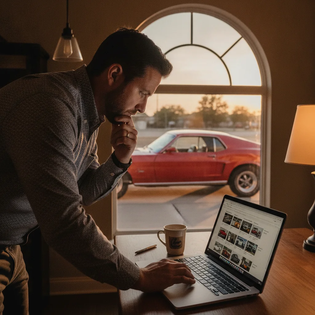 Person researching used car listings on a laptop with their vehicle visible outside the window