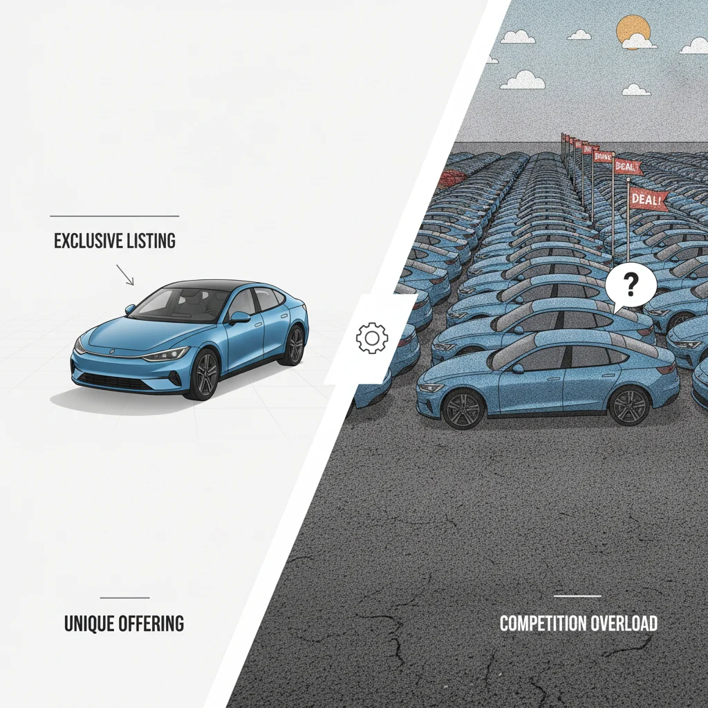 Side-by-side comparison of a car with few competitors versus one surrounded by many similar listings on a lot