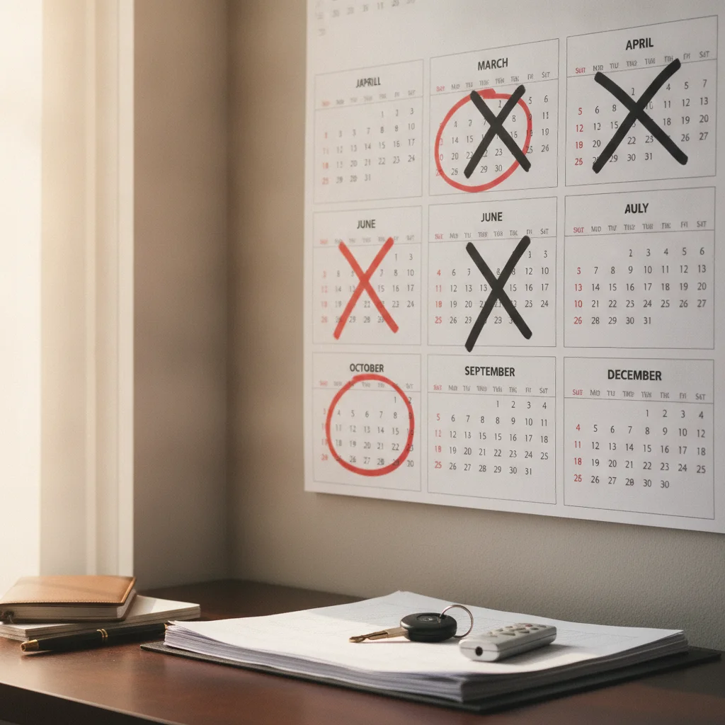 Wall calendar with certain months highlighted beside car keys on a desk, symbolizing strategic sale timing