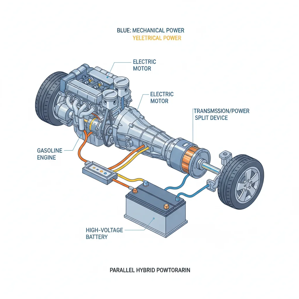 Diagram showing a hybrid vehicle's combined gas engine and electric motor powertrain layout