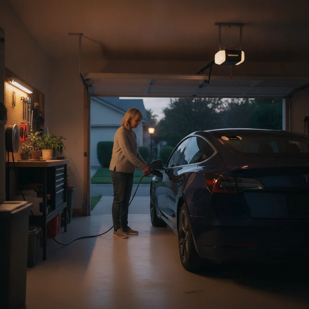 Person plugging a Level 2 home EV charger into an electric vehicle in a residential garage