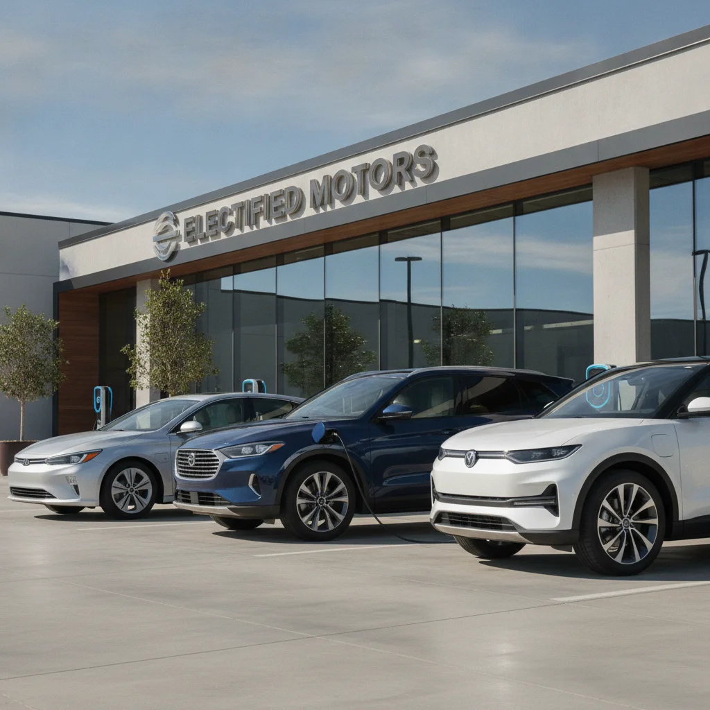 Several different electrified vehicle types lined up at a car dealership lot in daylight