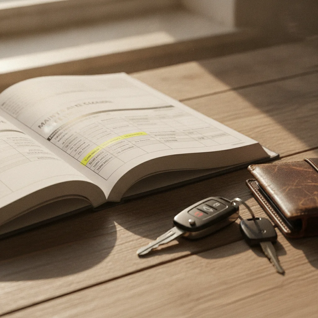An open vehicle owner's manual showing a detailed maintenance schedule with mileage intervals