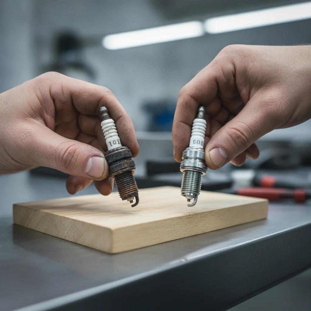 A worn spark plug held next to a new replacement spark plug for visual comparison on a workbench