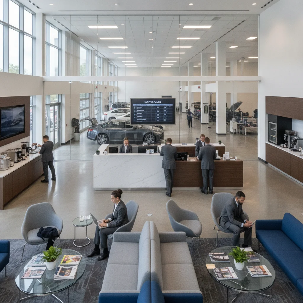 A modern car dealership service department with customers at the counter and service bays visible through glass
