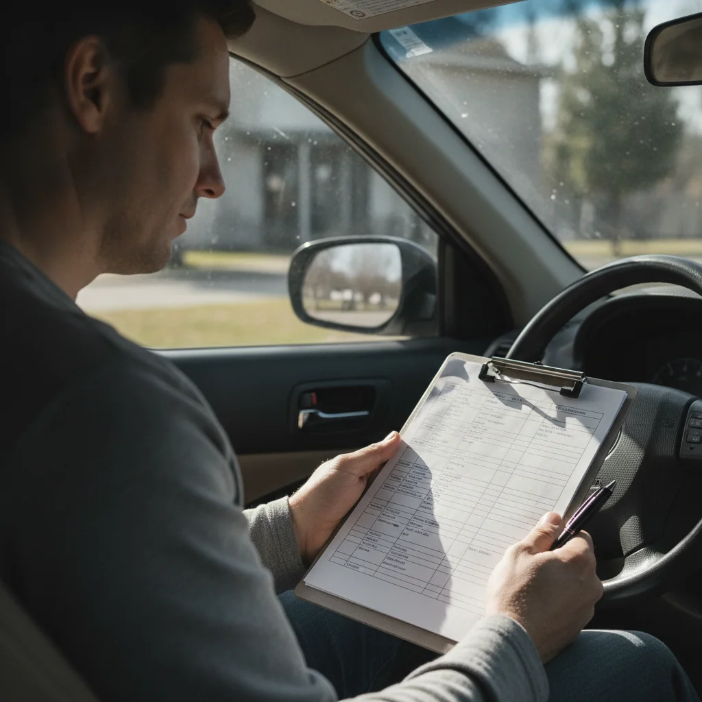 A car owner reviewing a multi-point vehicle inspection checklist on a clipboard inside their car