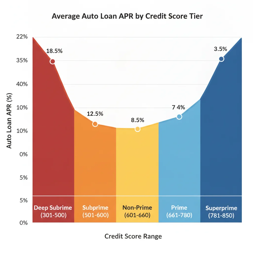 Line chart showing how auto loan APR decreases sharply as credit score increases from 500 to 800