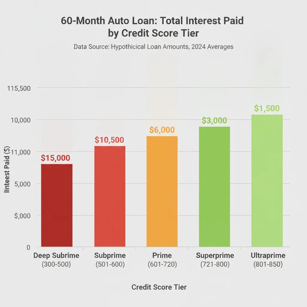 Bar chart comparing total interest paid on a 60-month car loan across five credit score tiers from deep subprime to superprime