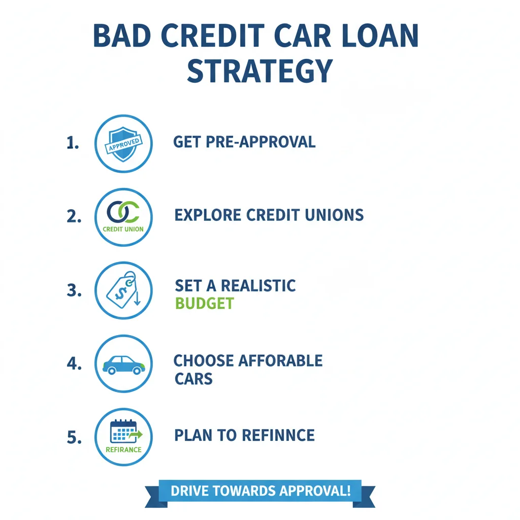 Five-step illustrated checklist showing strategies for minimizing car loan costs with a low credit score