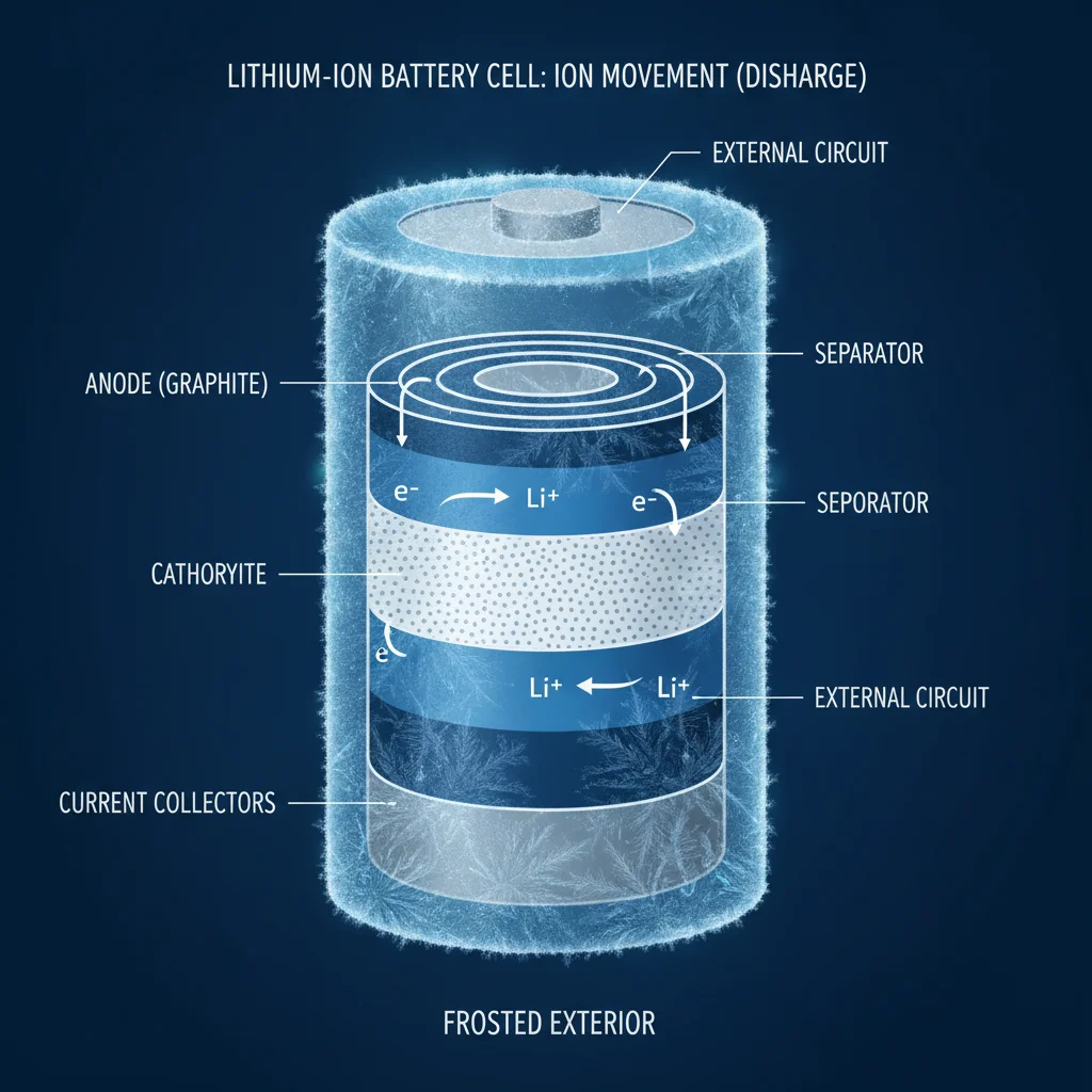 Diagram of lithium-ion battery cell cross-section with ice crystals illustrating cold-temperature ion slowdown