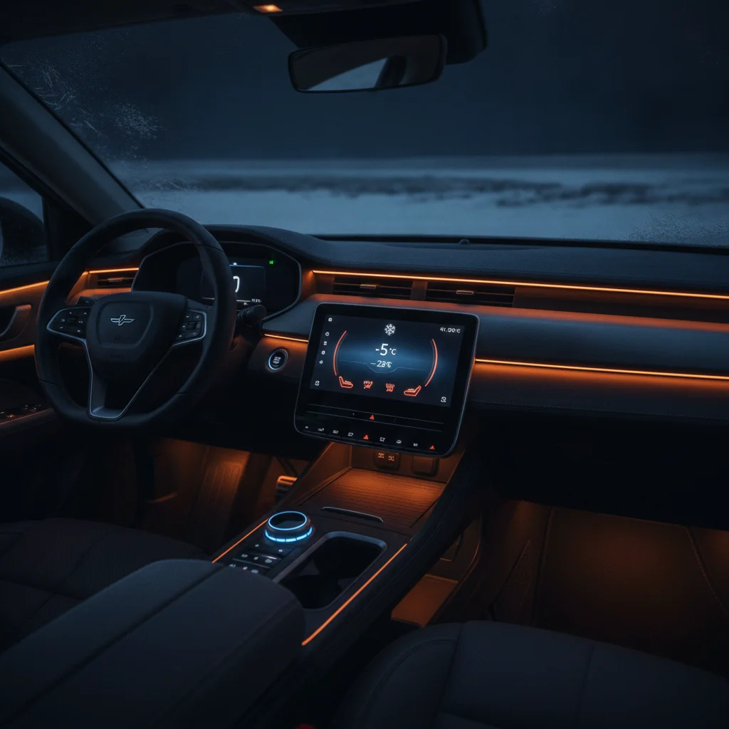 EV dashboard interior showing heated seat controls and climate display in cold winter conditions