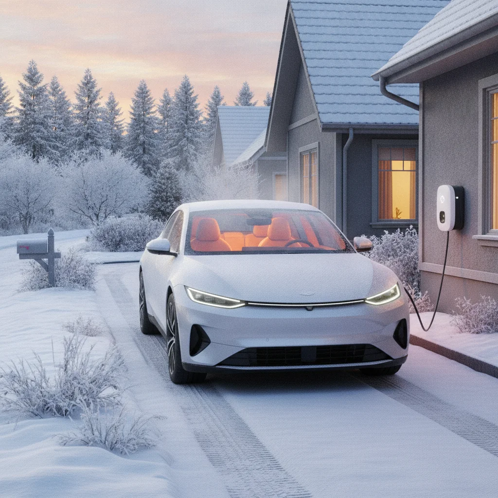 Electric vehicle plugged into home charger in snowy driveway during early morning preconditioning session