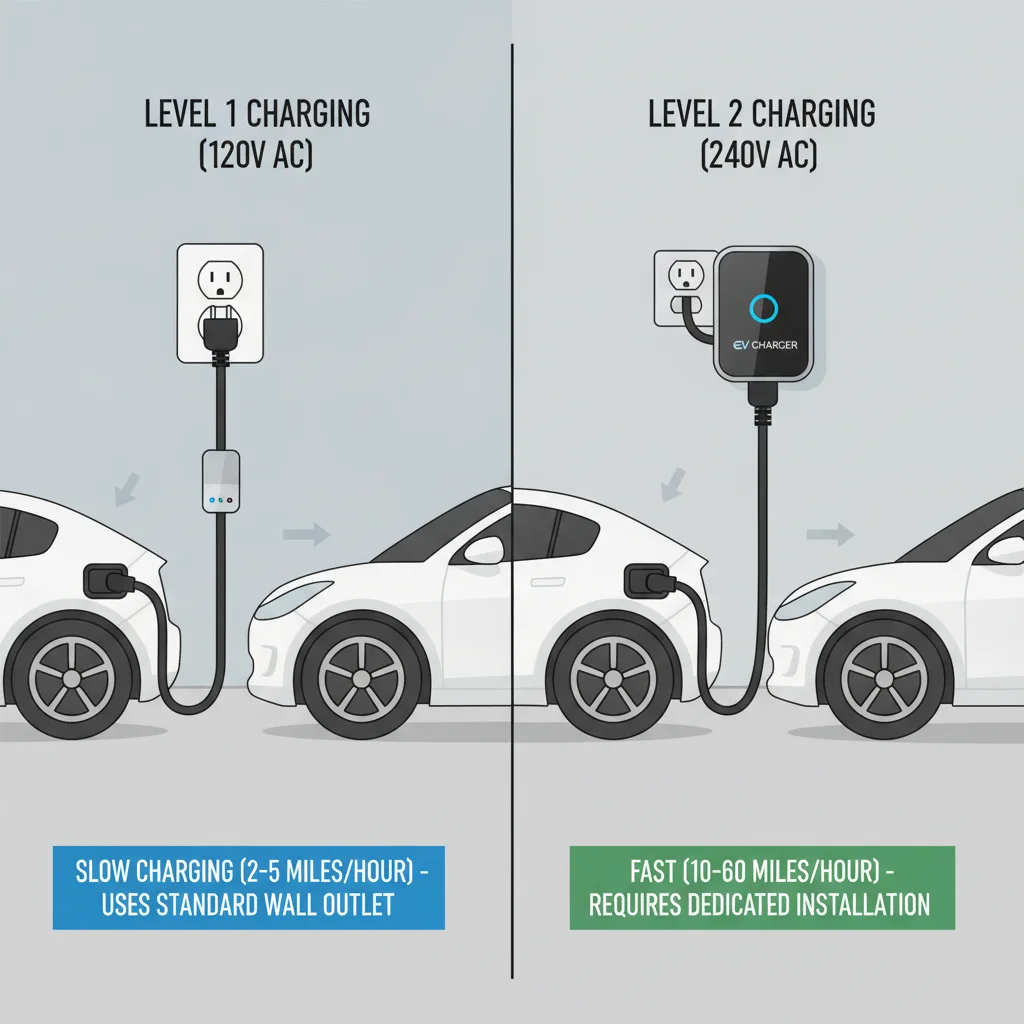 Side-by-side visual comparison of Level 1 standard outlet and Level 2 wall-mounted EV charger in a garage