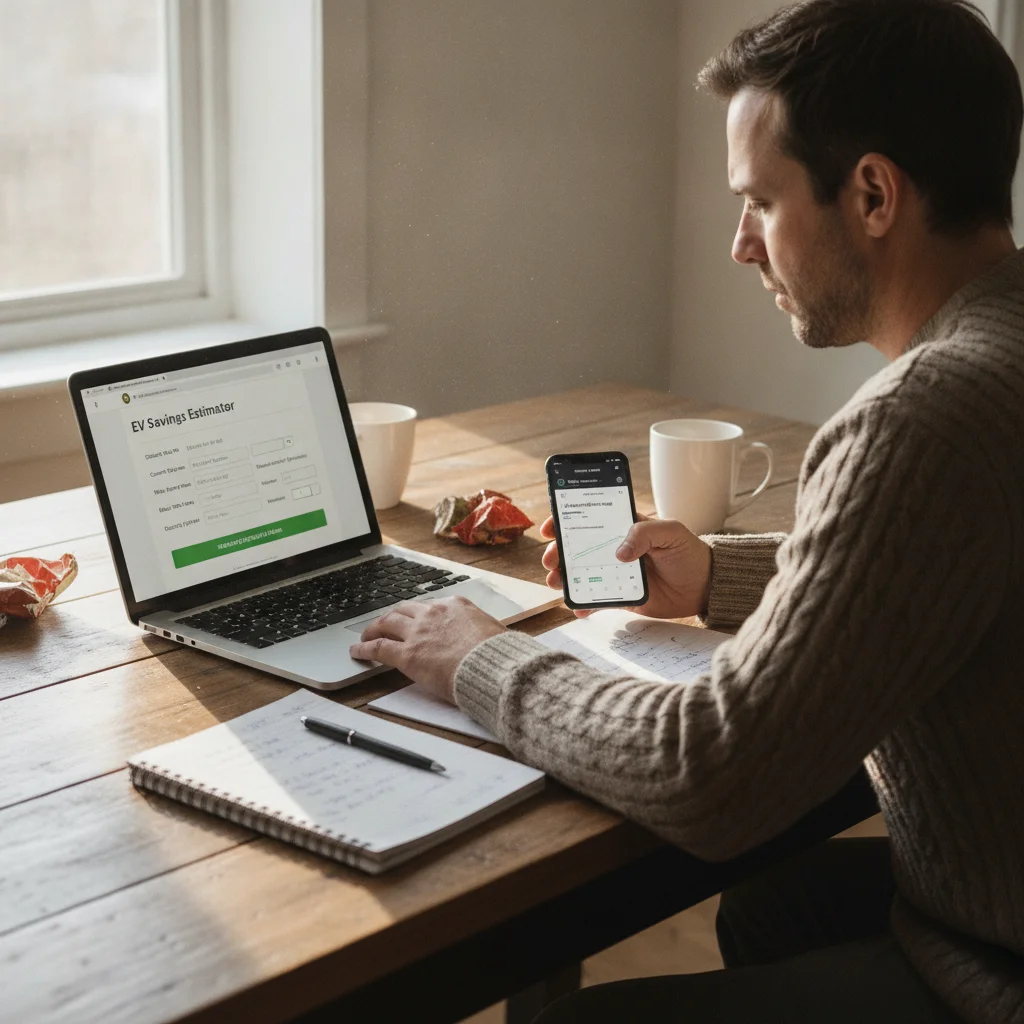 Person calculating monthly EV charging costs using a laptop and utility app at a kitchen table