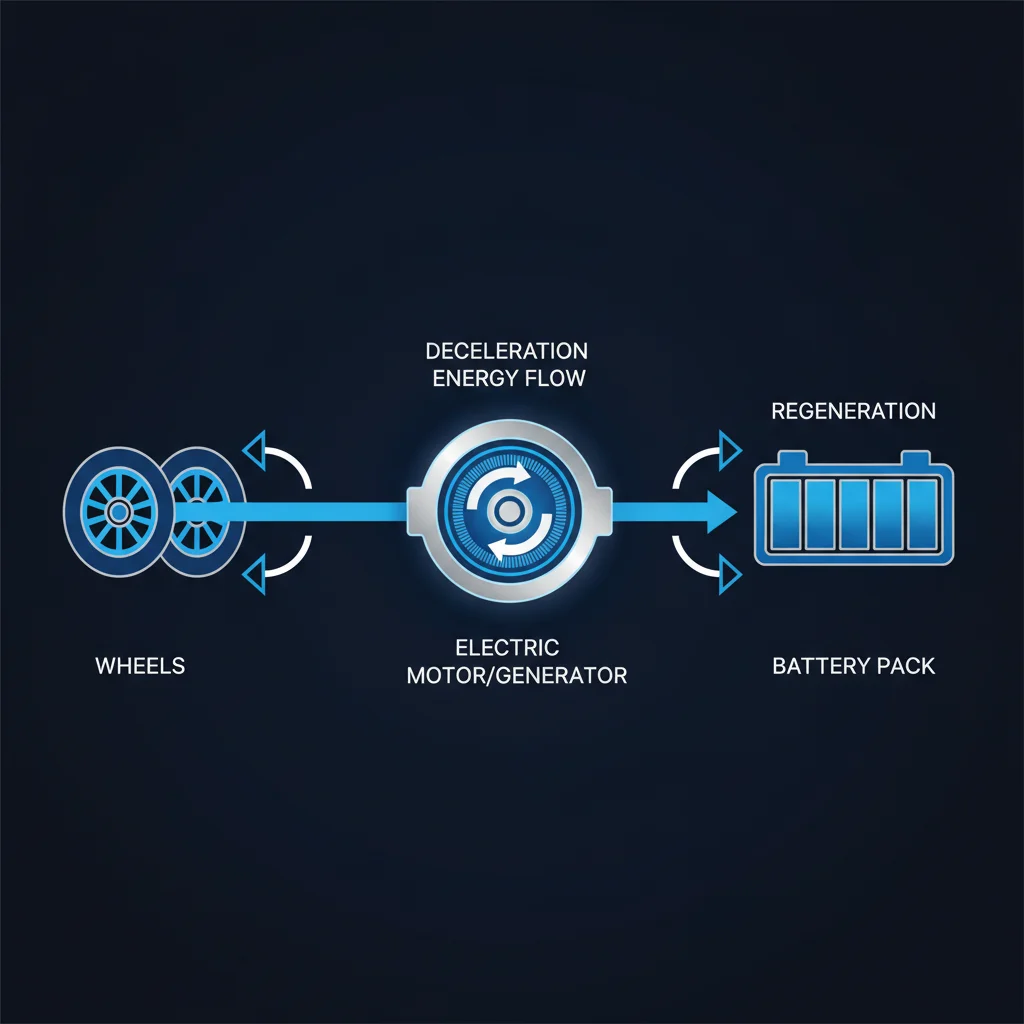 Diagram showing how kinetic energy flows from EV wheels through the motor back into the battery during regenerative braking