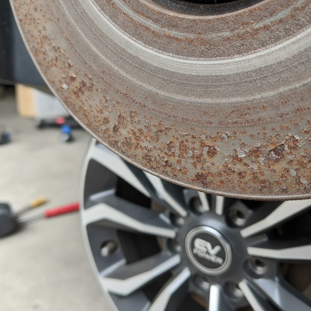 Close-up of a lightly rusted iron brake rotor on an electric vehicle showing surface oxidation from infrequent use