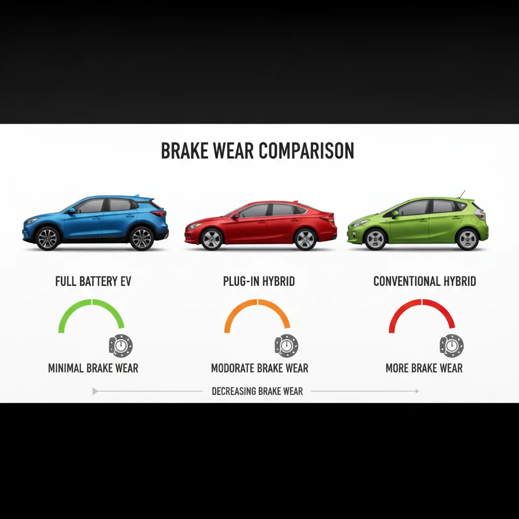 Side-by-side graphic comparing brake pad wear rates across BEV, PHEV, and HEV vehicle types
