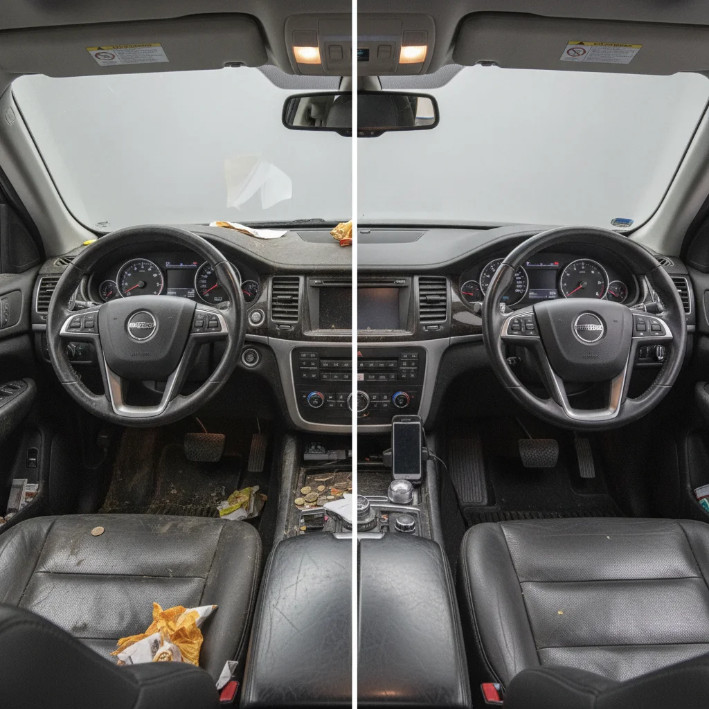 Split comparison of dirty car interior versus spotlessly cleaned and detailed car interior