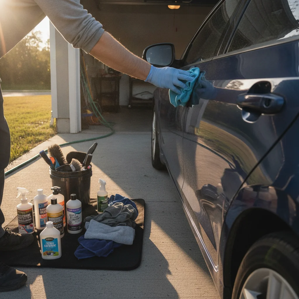 Person hand-polishing a car door with a microfiber cloth surrounded by detailing supplies on a driveway