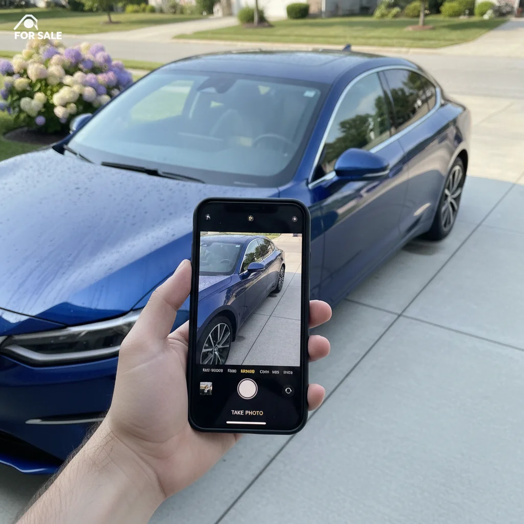 Smartphone being used to photograph a freshly detailed car for a private sale listing in bright sunlight