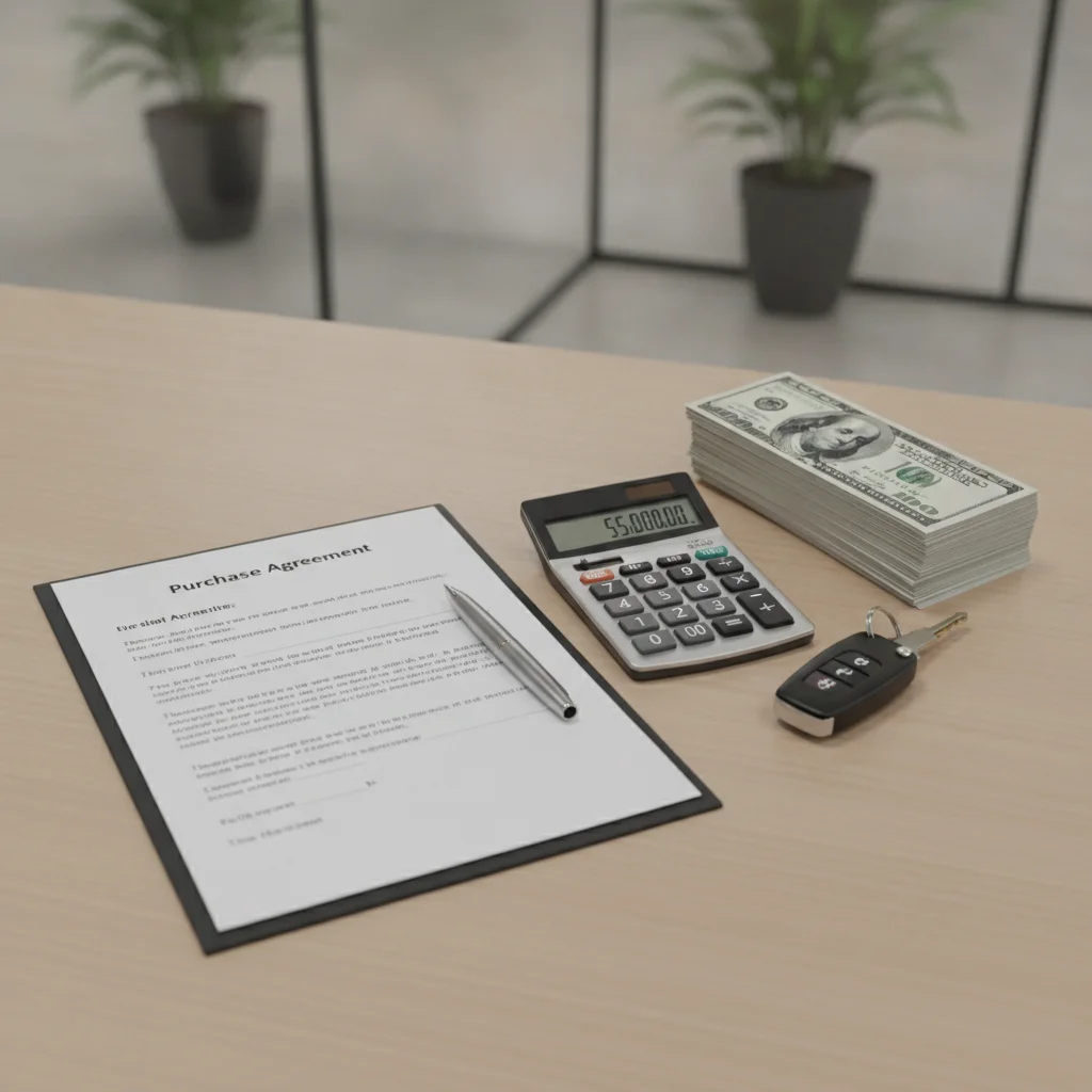 Car purchase agreement on a desk with pen, calculator, and car keys ready to sign
