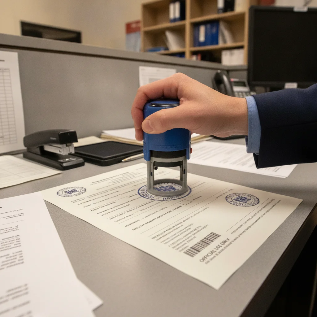 Vehicle title document being stamped and processed at a DMV office counter