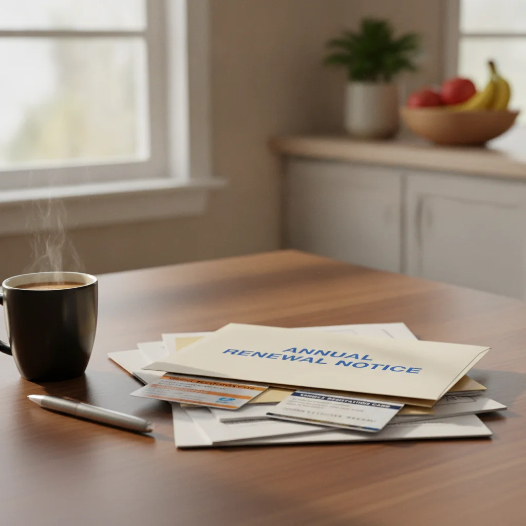 Annual vehicle registration renewal notices stacked on a kitchen table with a pen