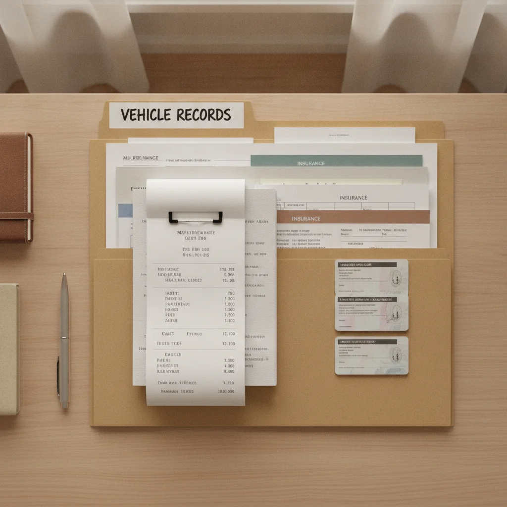 Organized vehicle records folder containing registration documents and receipts on a clean desk