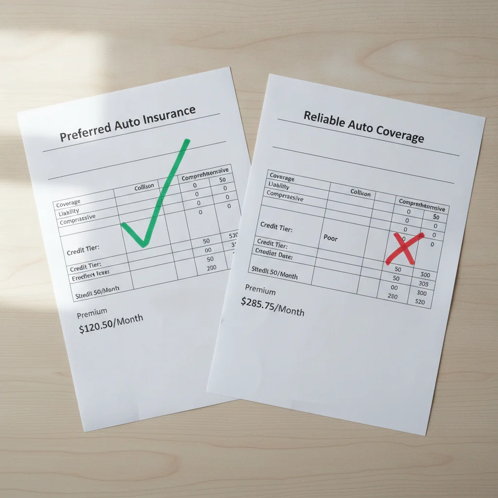 Two car insurance quote documents side by side showing different premium amounts based on credit tier
