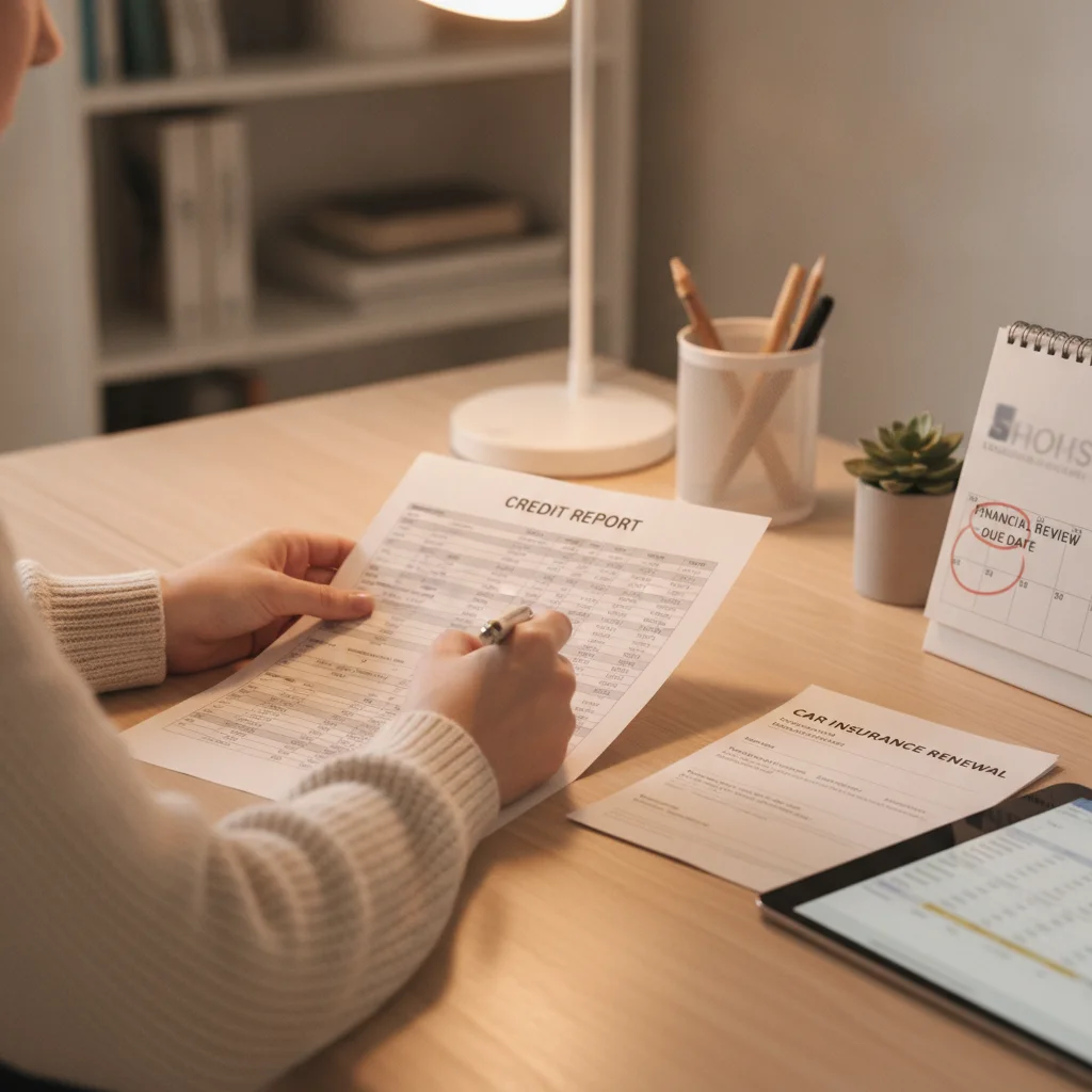 Person reviewing a credit report document next to a car insurance renewal notice on a desk