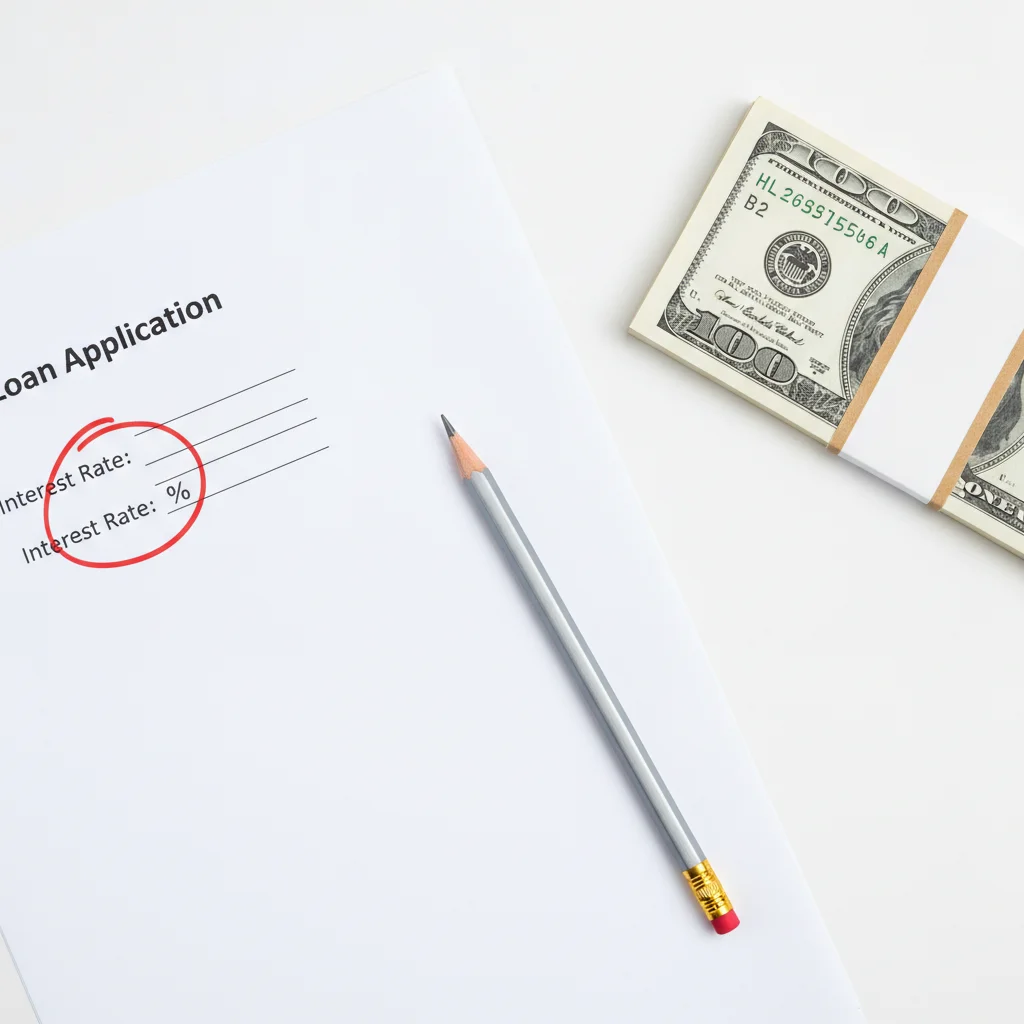 Loan application with interest rate field circled in red alongside a stack of cash on a desk