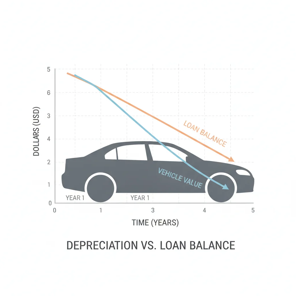 Depreciation curve graph showing car value dropping below loan balance in the first year of ownership