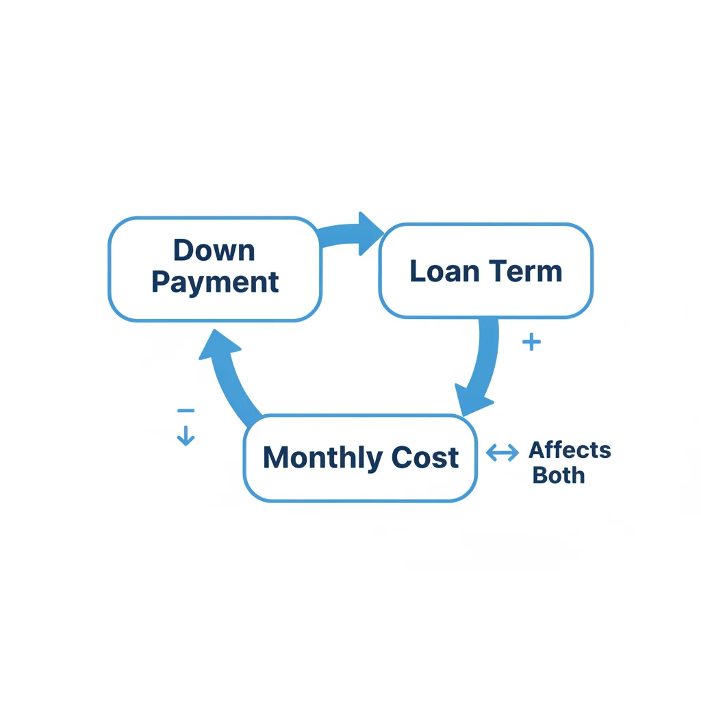 Triangle diagram showing the interconnected relationship between down payment, loan term, and monthly cost
