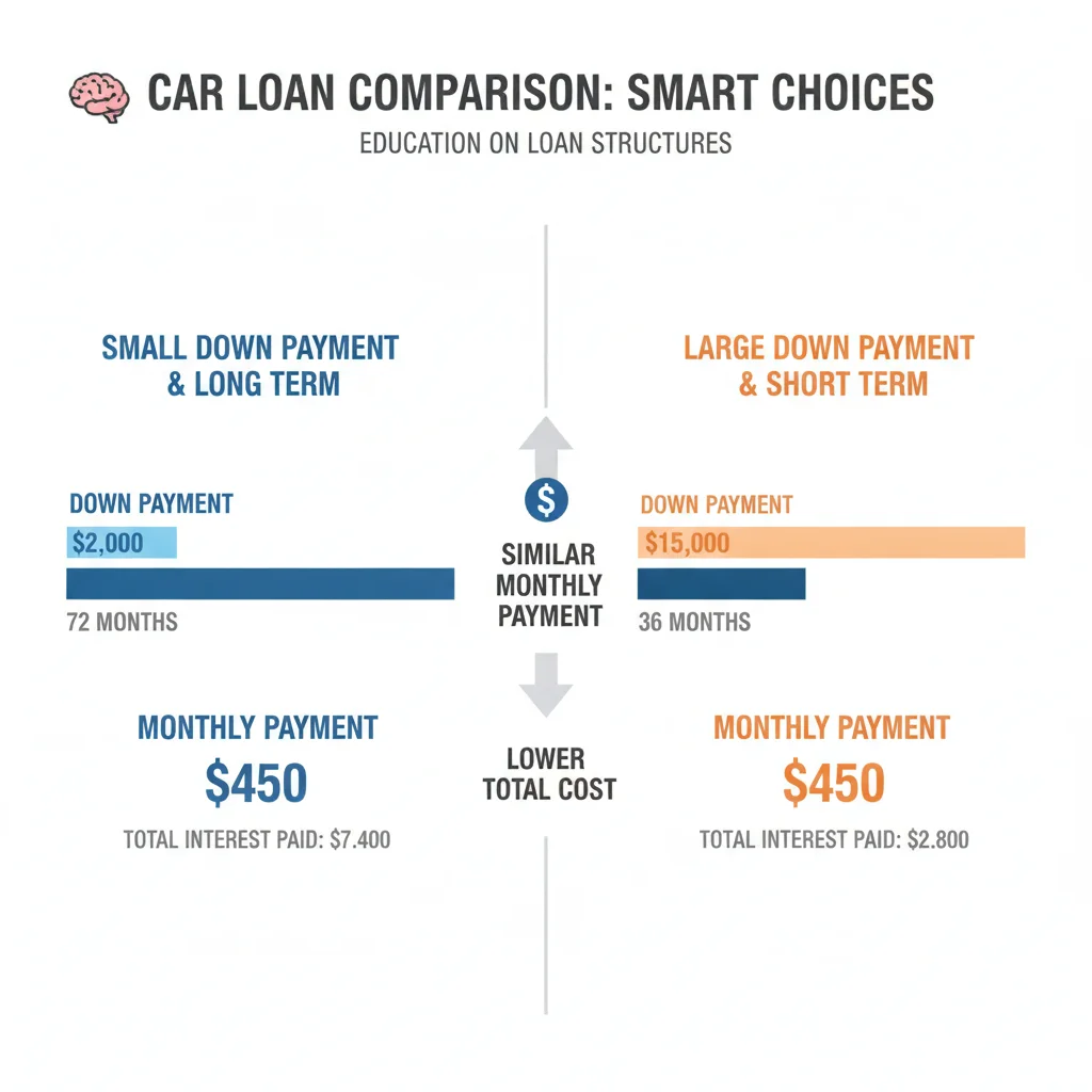 Side-by-side comparison of two loan structures showing how down payment size affects term length and total cost