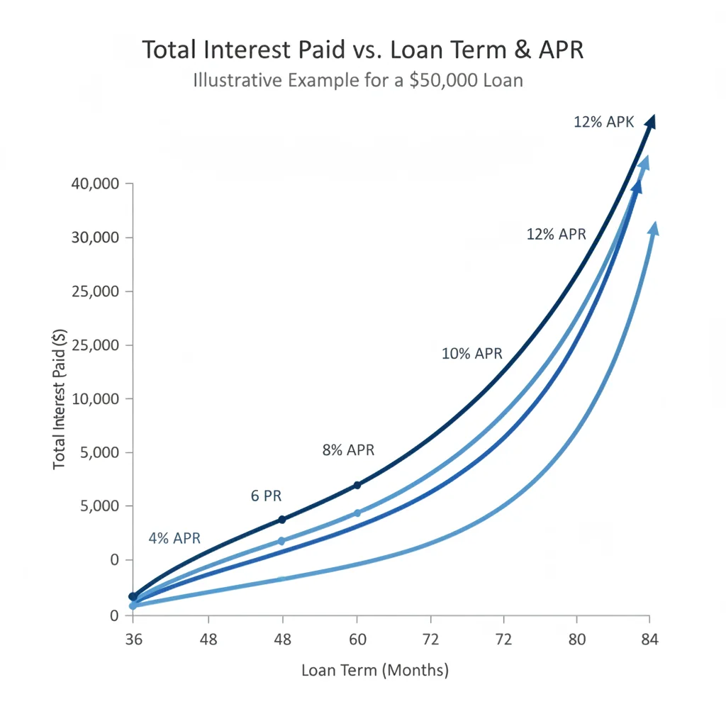 Line graph showing how total interest paid increases as loan term lengthens across different APR rates