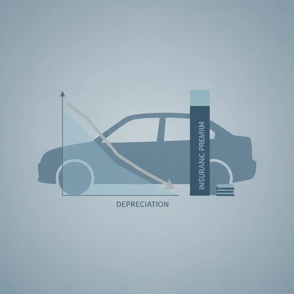 Illustration showing a car's depreciation curve declining over time alongside insurance premium costs