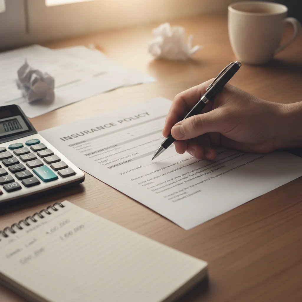Hand with pen reviewing an insurance policy document next to a calculator showing liability numbers