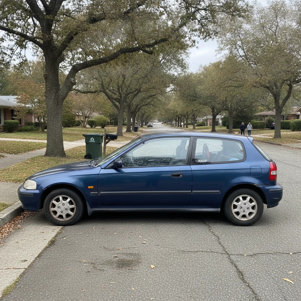 Well-maintained older compact car parked on a quiet residential street under overcast skies