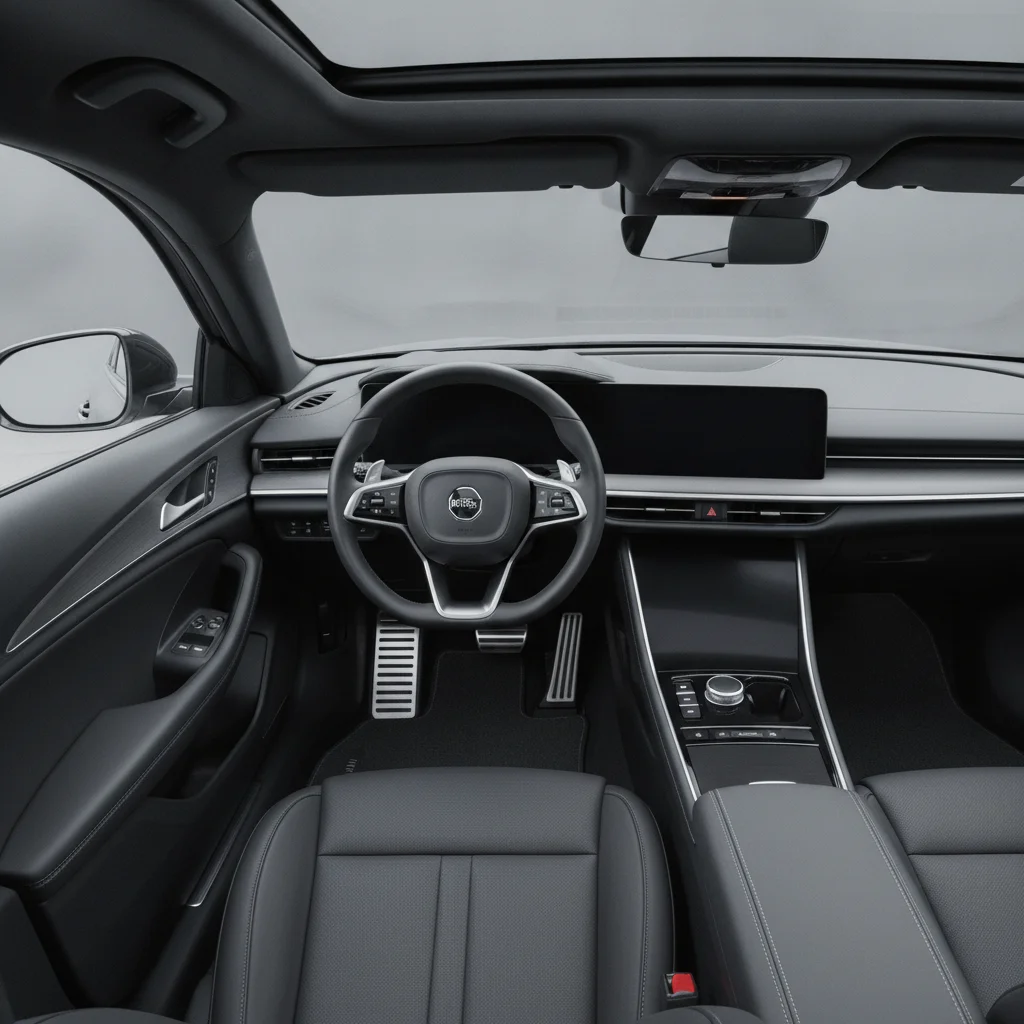 Interior view of a car showing the brake pedal, steering wheel, and driver's seat from above