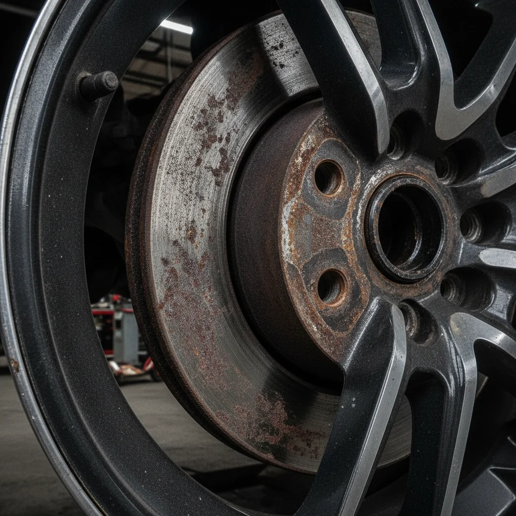 Worn brake rotor with deep scoring grooves visible through an alloy wheel spoke