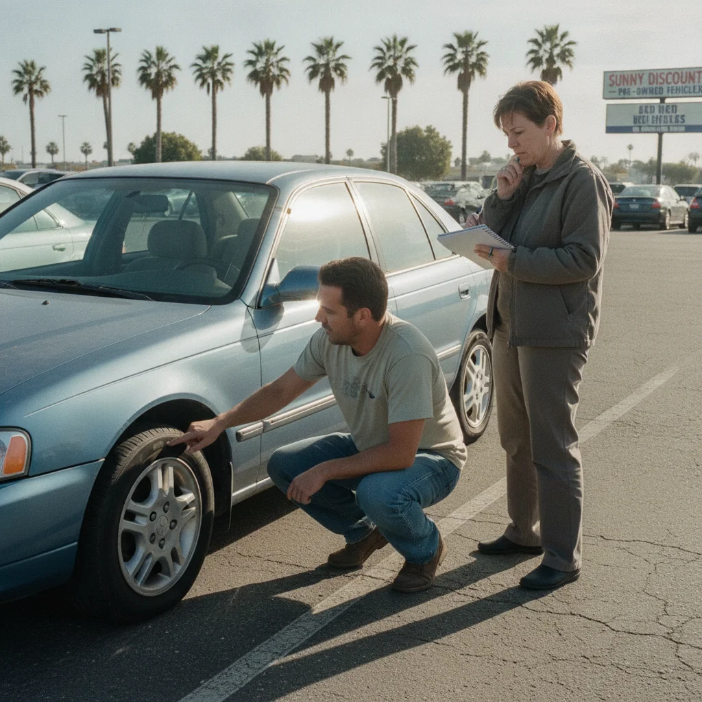Two people discussing a used car's condition near the wheel during a negotiation in a parking lot