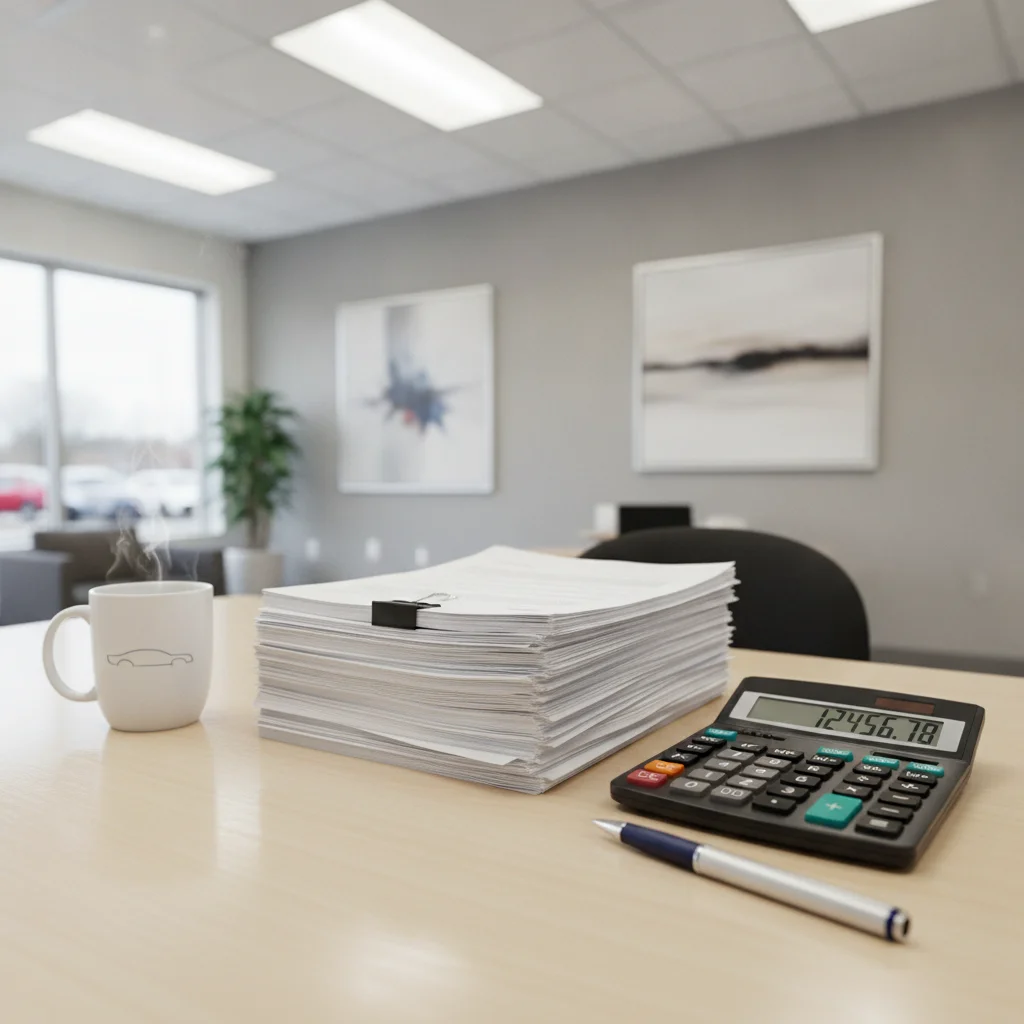 A dealership finance office desk with stacked loan documents, a calculator, and a pen