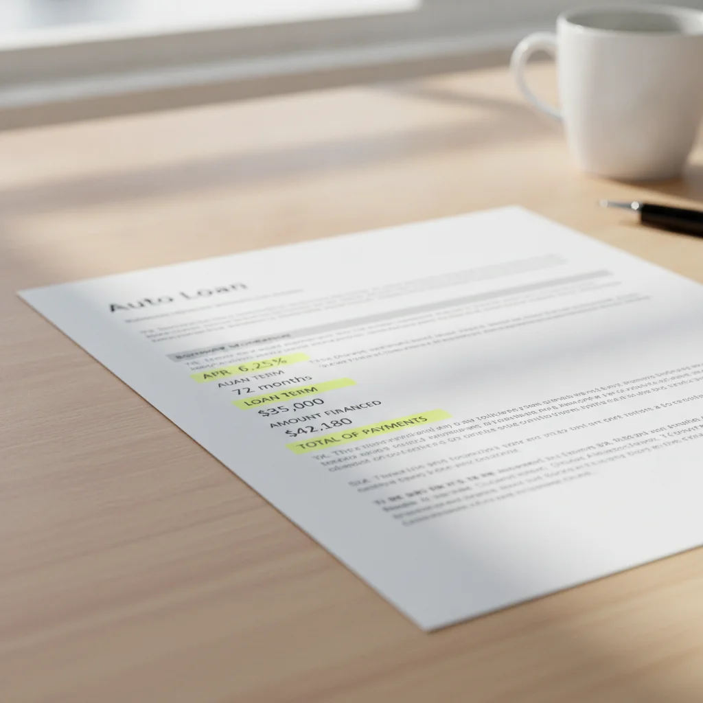 Auto loan contract with four key financial figures highlighted in yellow marker on printed page