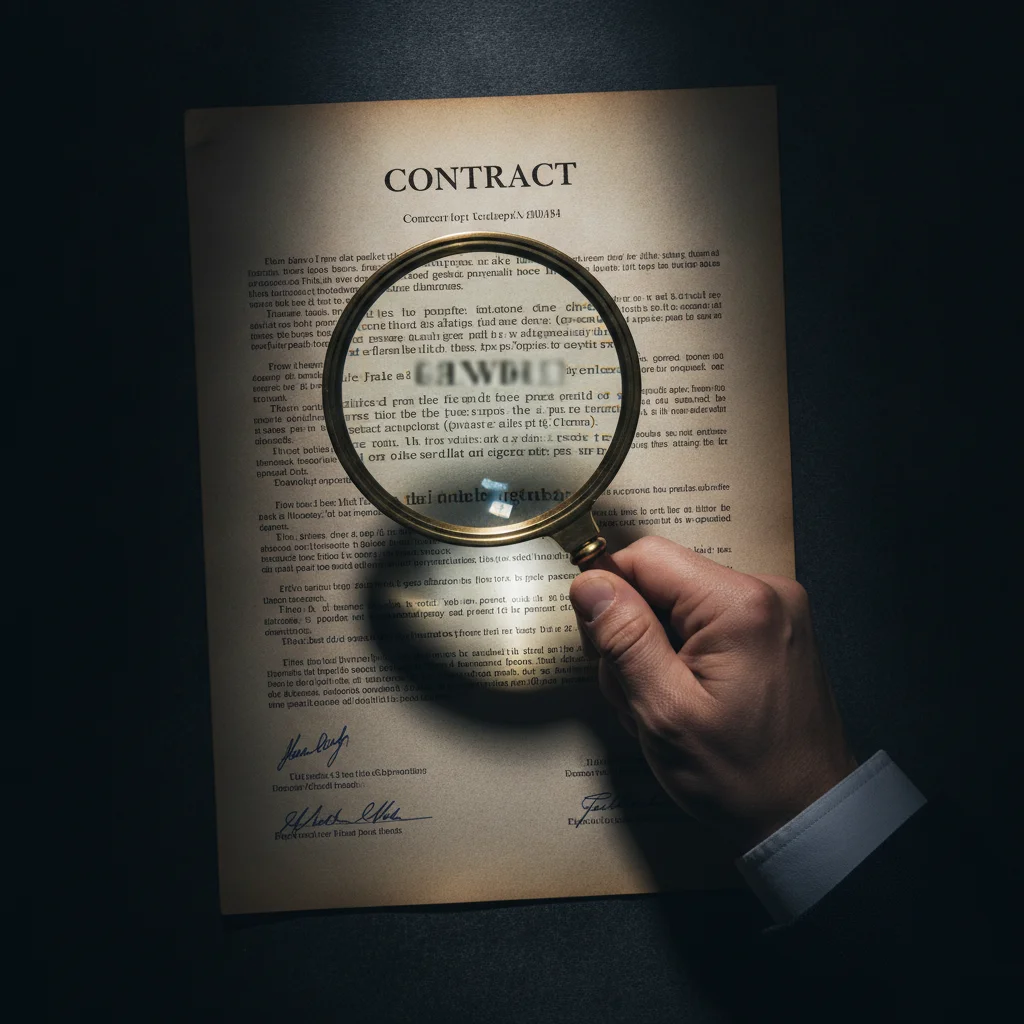 Hand holding a magnifying glass over a dense printed contract, examining specific clauses